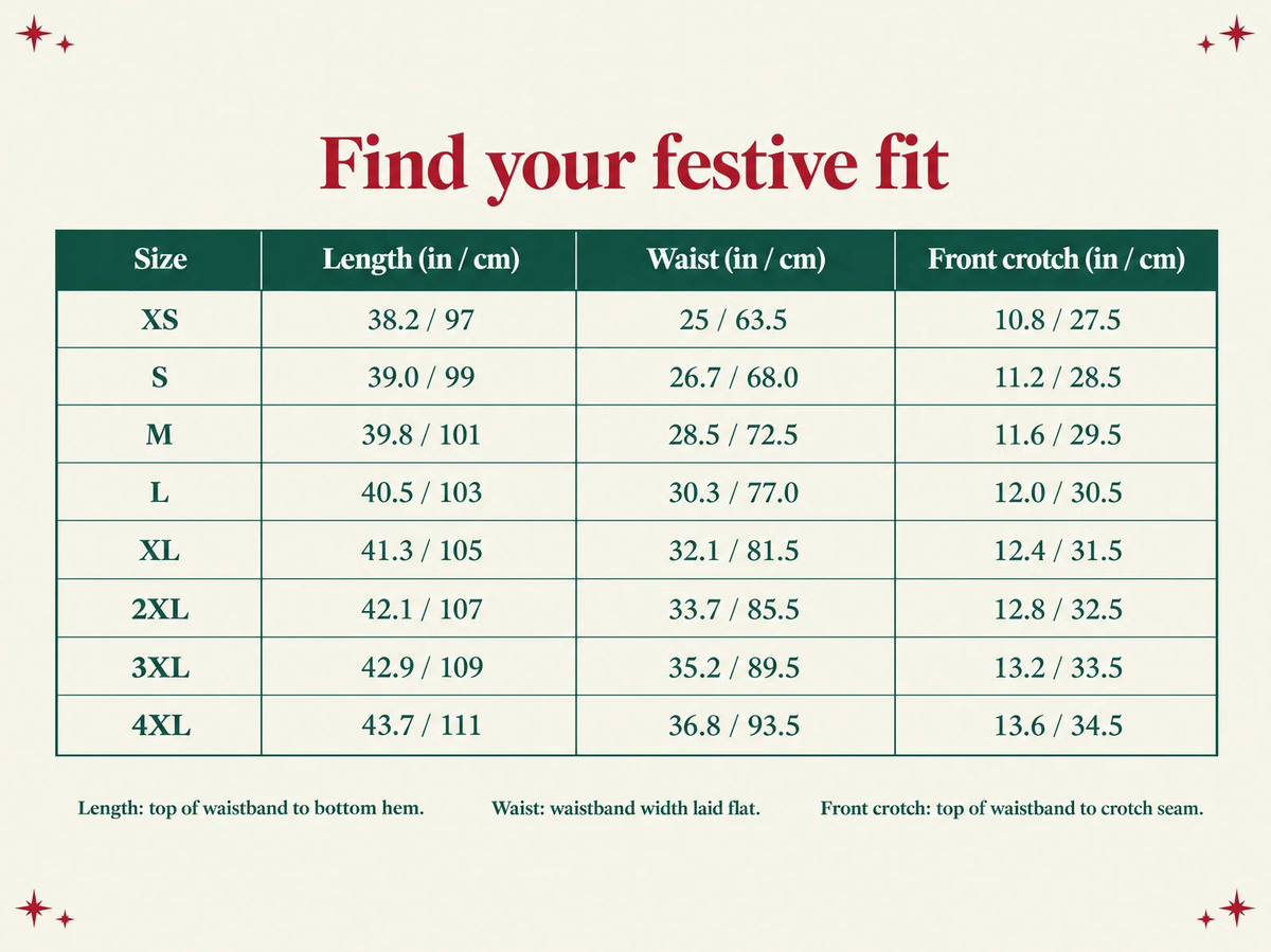 JollyPants size chart, XS to 4XL