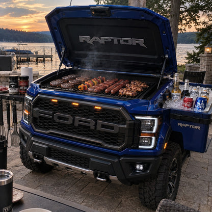 Bumper BBQ truck front grill — Blue (Raptor) — hood open with grill and fender cooler