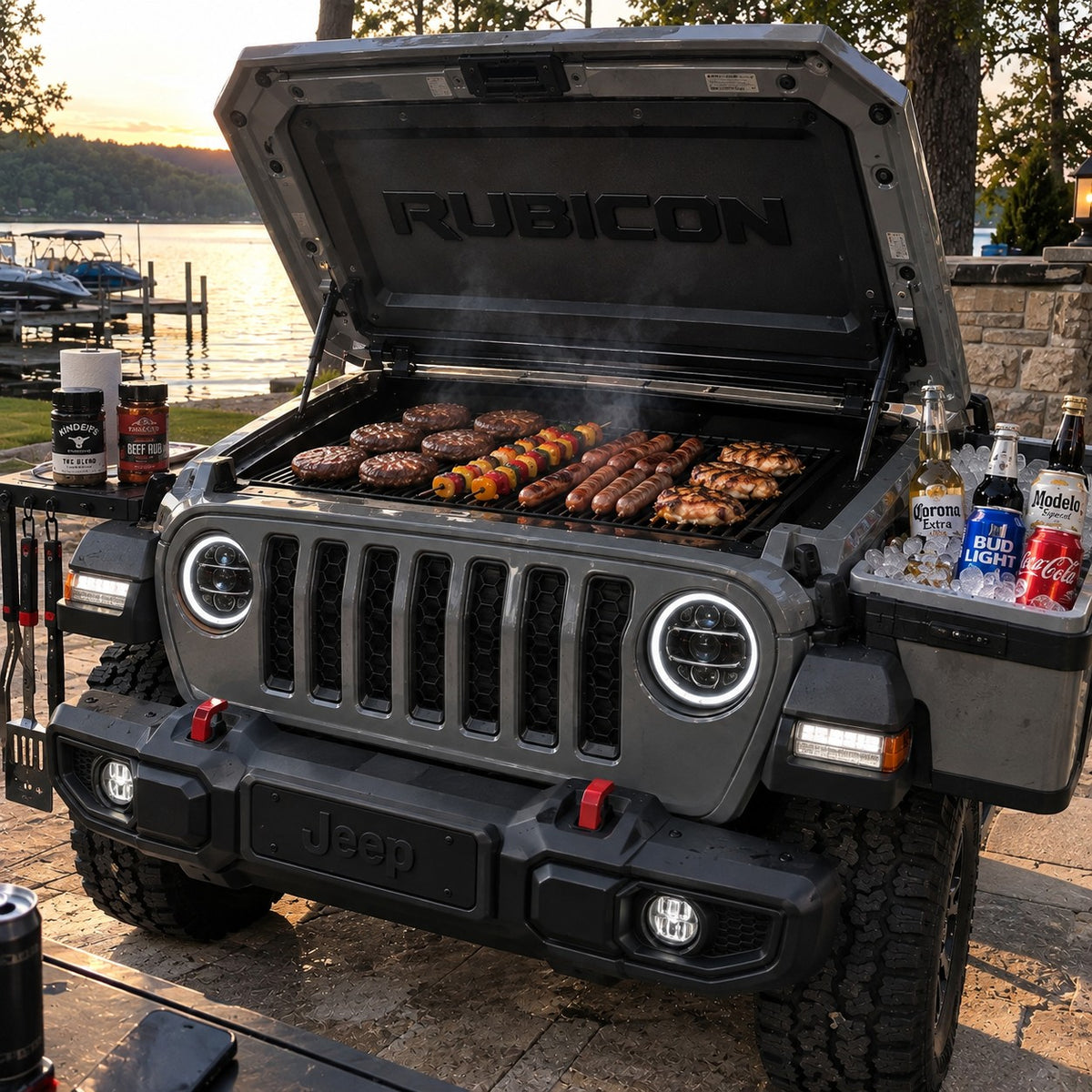 Bumper BBQ truck front grill — Grey (Rubicon) — hood open with grill and fender cooler