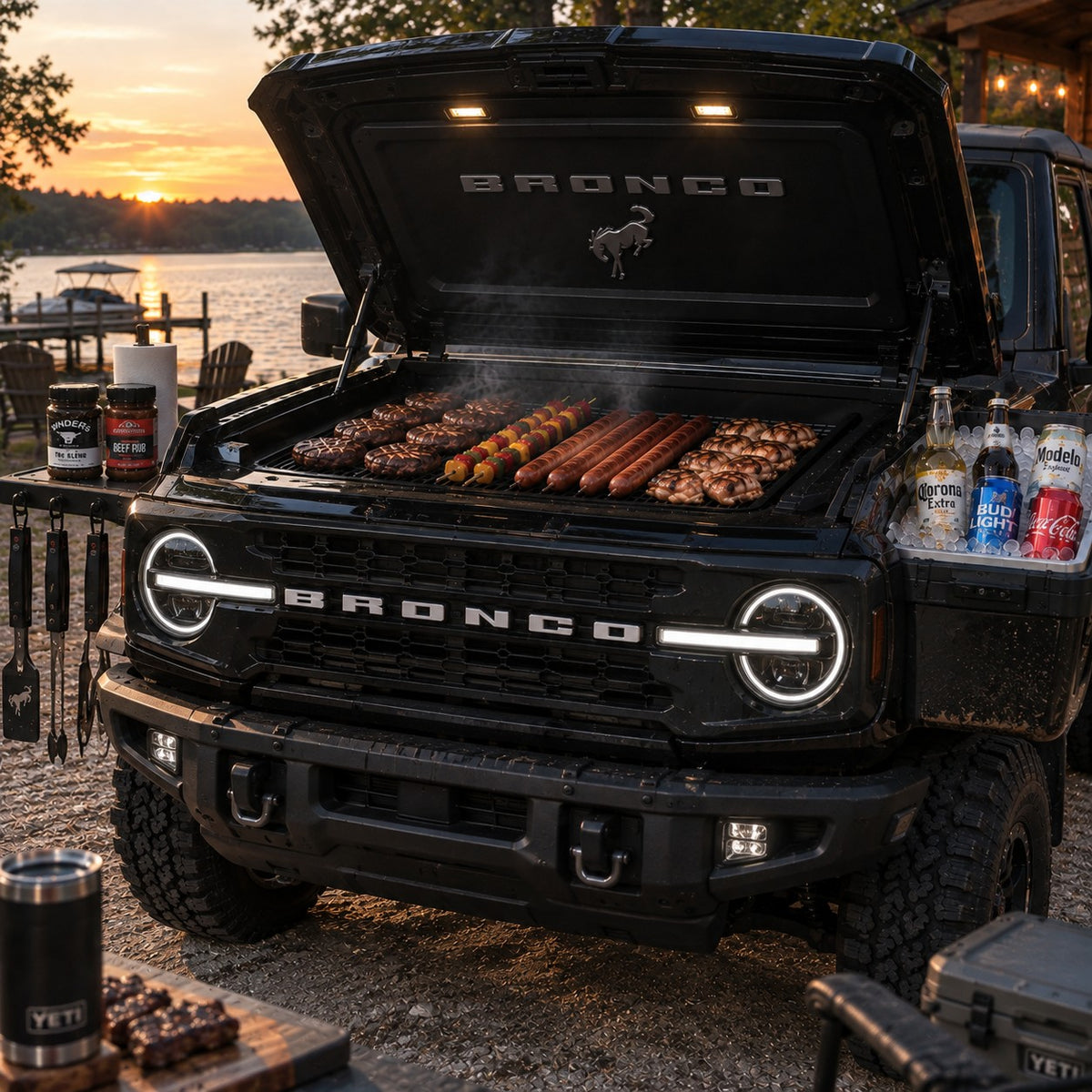 Bumper BBQ truck front grill — Black (Bronco) — hood open with grill and fender cooler