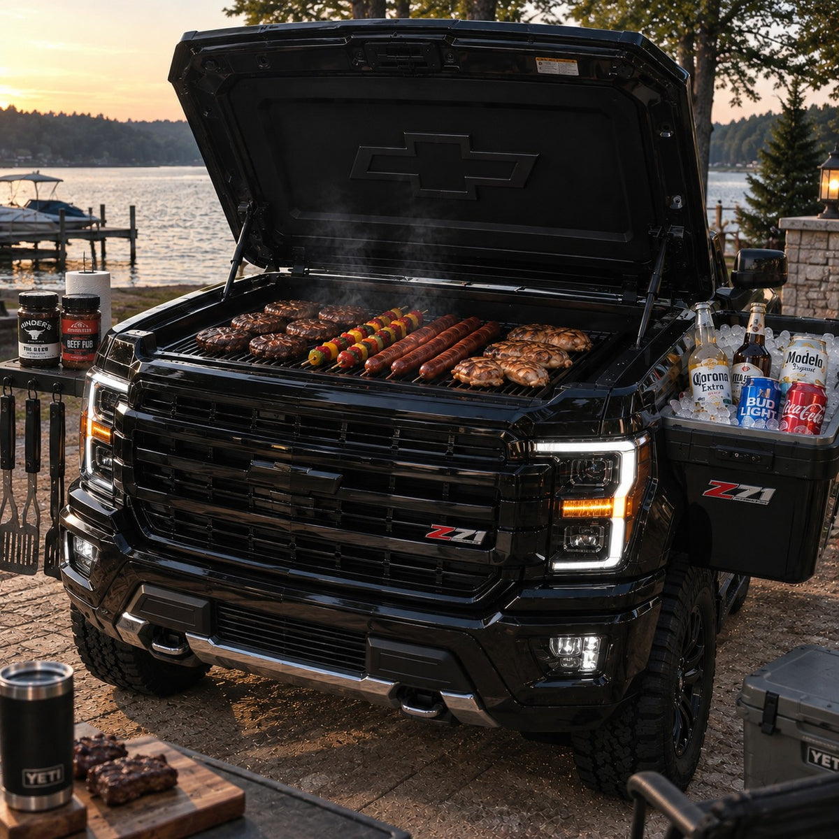 Bumper BBQ truck front grill — Black (Z71) — hood open with grill and fender cooler