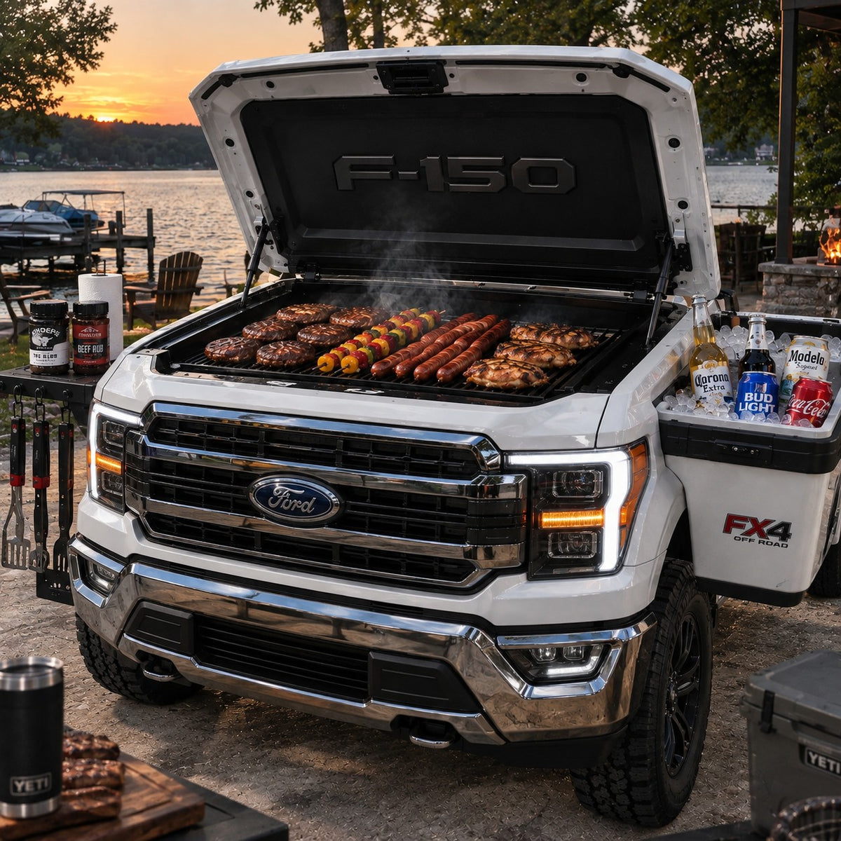 Bumper BBQ truck front grill — White (F150) — hood open with grill and fender cooler