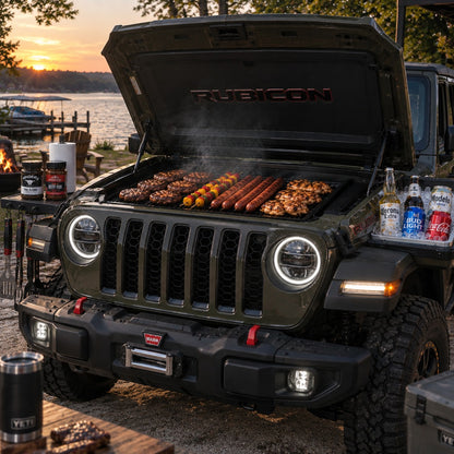 Bumper BBQ truck front grill — Green (Rubicon) — hood open with grill and fender cooler