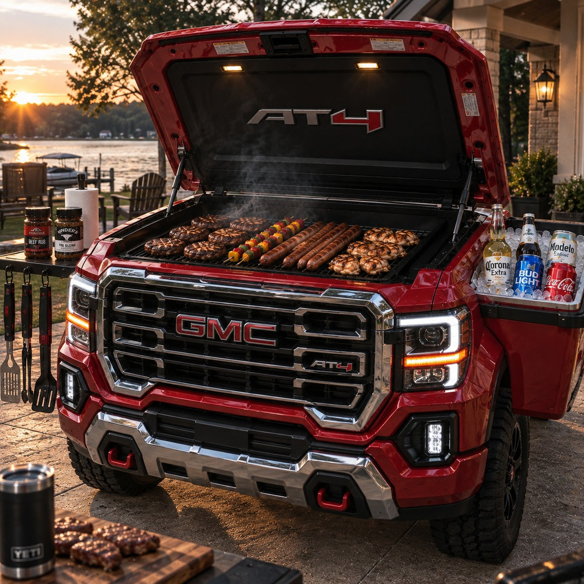 Bumper BBQ truck front grill — Red (AT4) — hood open with grill and fender cooler