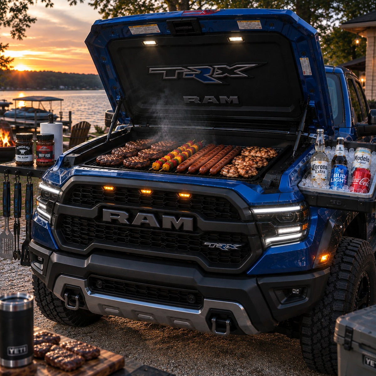 Bumper BBQ truck front grill — Blue (TRX) — hood open with grill and fender cooler