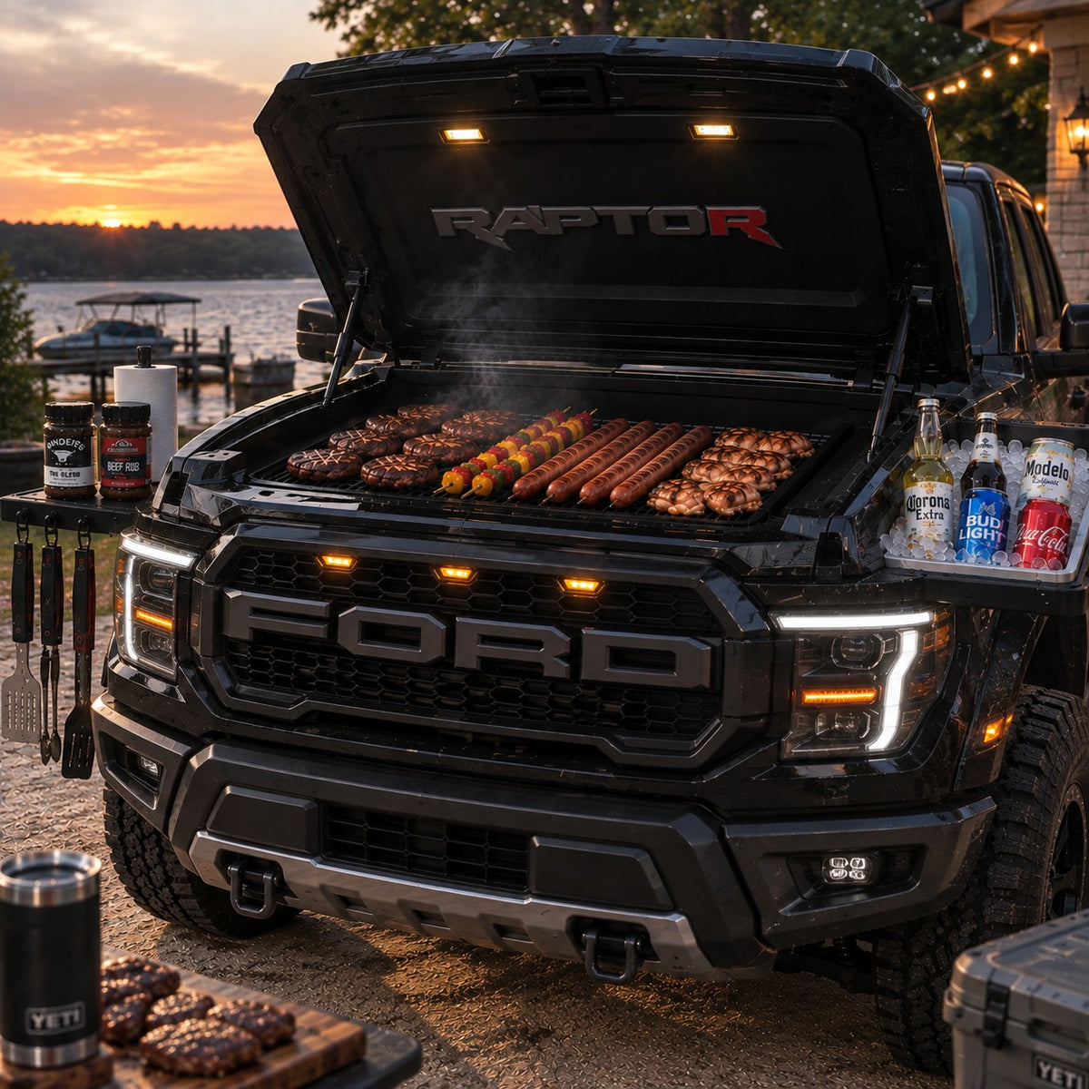 Bumper BBQ truck front grill — Black (Raptor) — hood open with grill and fender cooler