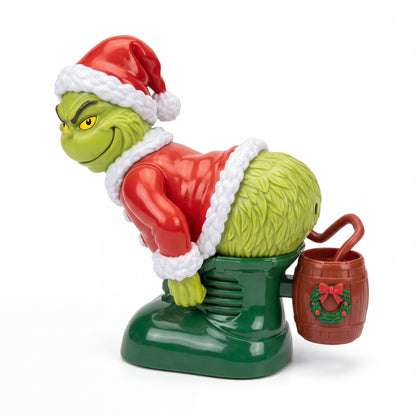 Farting Grinch blowing bubbles by the Christmas tree