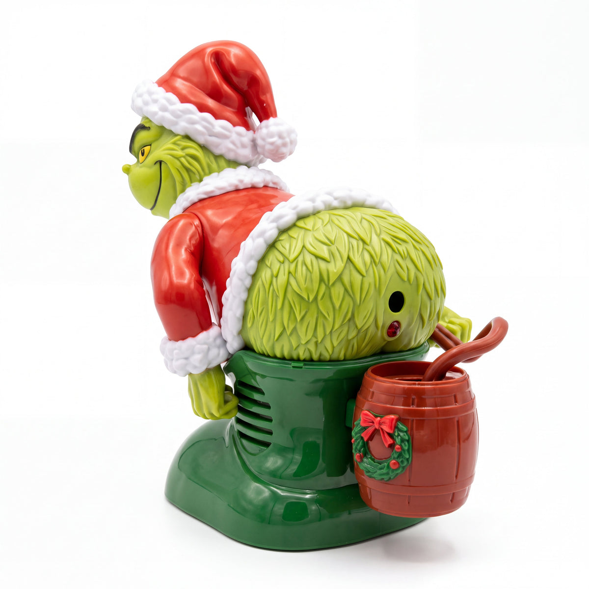 Farting Grinch bubble toy in a living room