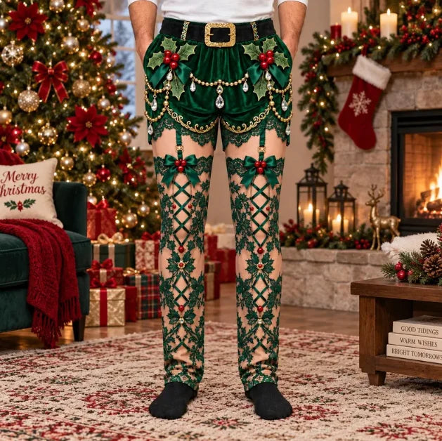 JollyPants green design: velvet elf shorts and lace stocking print