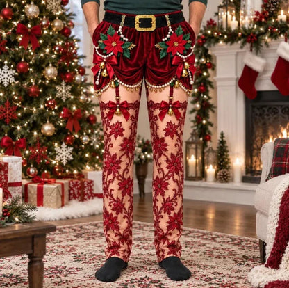JollyPants red design: velvet elf shorts and lace stocking print
