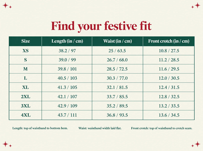 JollyPants size chart, XS to 4XL