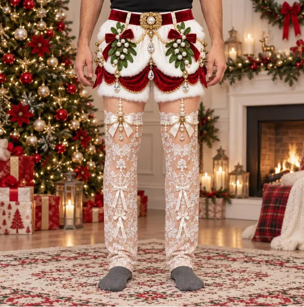 JollyPants white design: fur-trim elf shorts and lace stocking print